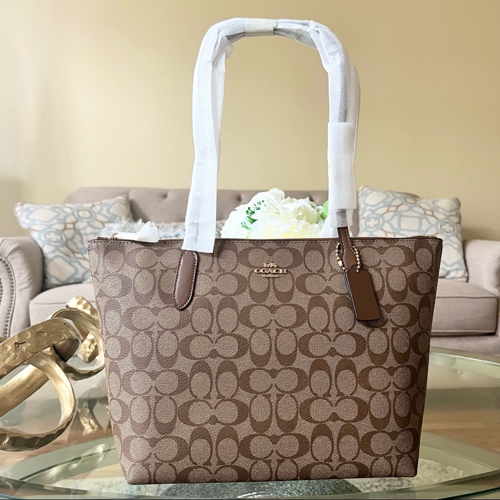 Coach Zip Top Tote In Signature Canvas Bag Gold/Khaki Saddle 2